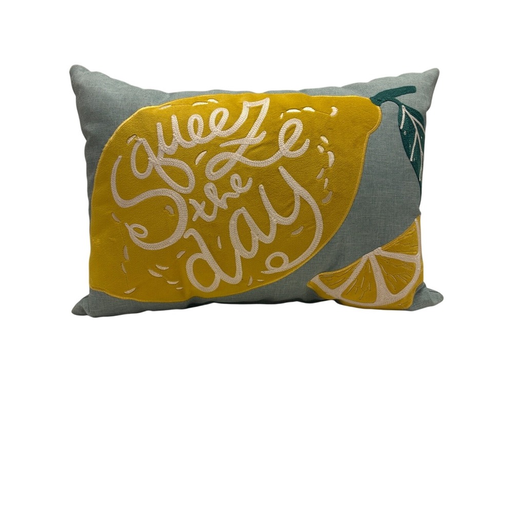 Squeeze the Day Lemon Decorative Pillow - Yellow & Light Blue NWT
